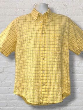 Izod Men’s Seersucker Check Button-Down Shirt Yellow - Plaid Textured Cotton M